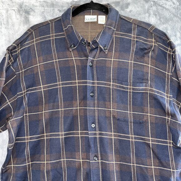 L.L. Bean Men Brown Navy Sz L Long Sleeve Button Up 100%‎ Cotton Stretch Vintage - Picture 3 of 8